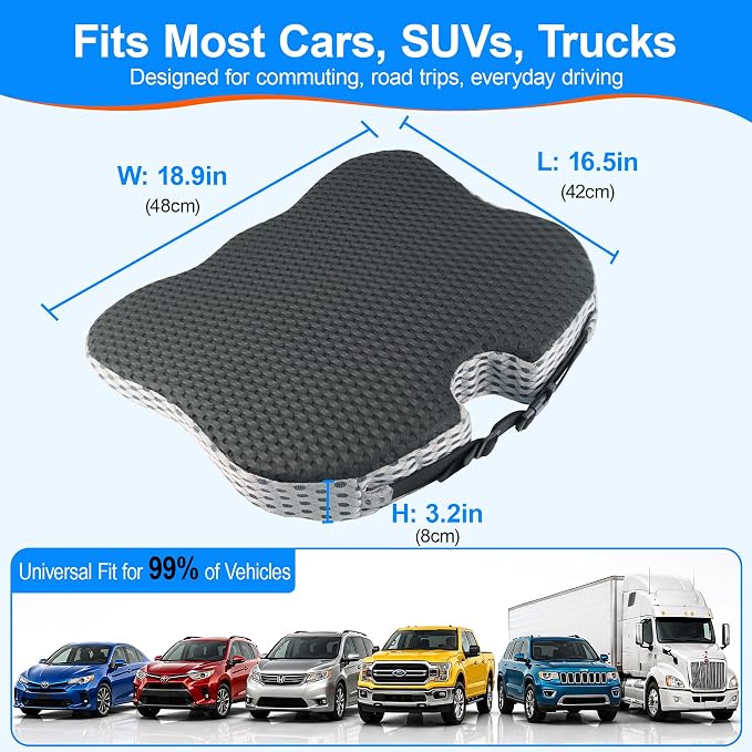 Car Seat Cushion for Driving: Memory Foam Cushion for Pain Relief During Long Drives, Wedge Car Seat Pillow for Height Boost, Non-Slip Driver Butt Pillow for Cars, SUVs, Trucks - Black