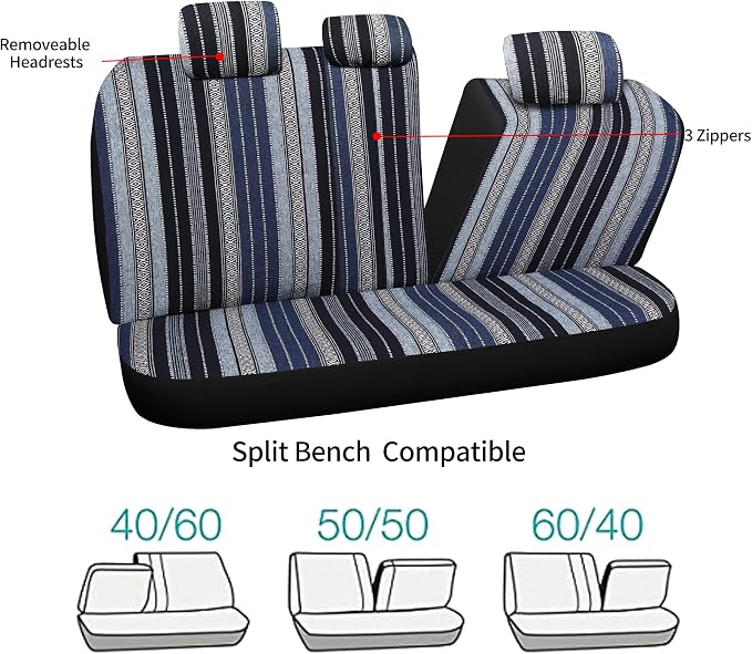HAIYAOTIMES Baja Saddle Blanket Car Seat Covers Full Set with Seat Belt Pads, Washable Breathable Seat Covers for Cars, Universal Fit Interior Covers for Most Sedan Truck SUV, Airbag Compatible, Blue