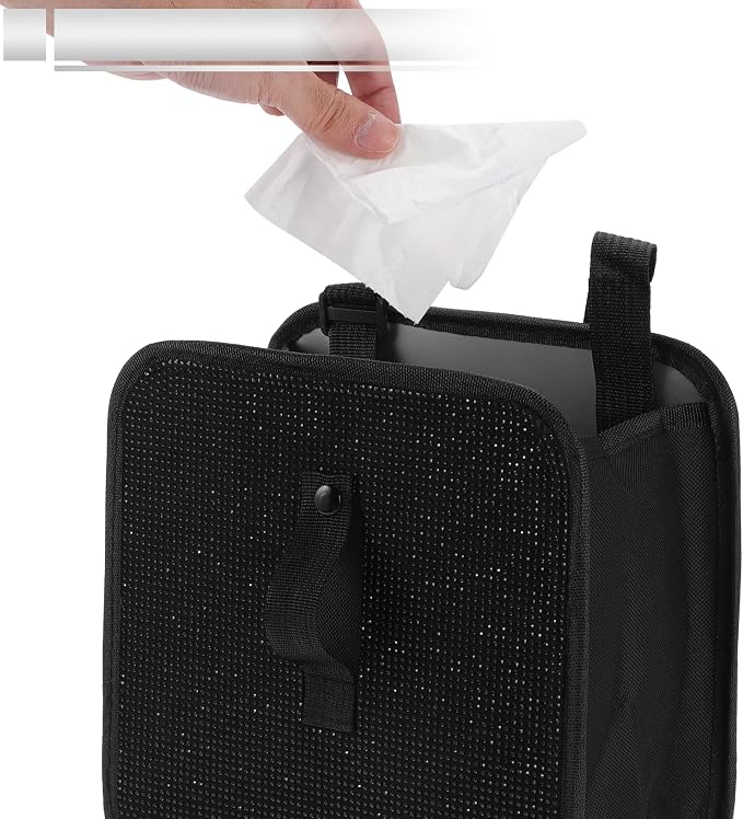 1 Pcs Universal Car Trash Can Hanging 9.1" Length 5.5" Width 9.1" Height Trash Bin Black Fabric Rhinestone