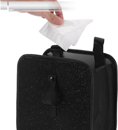 1 Pcs Universal Car Trash Can Hanging 9.1" Length 5.5" Width 9.1" Height Trash Bin Black Fabric Rhinestone