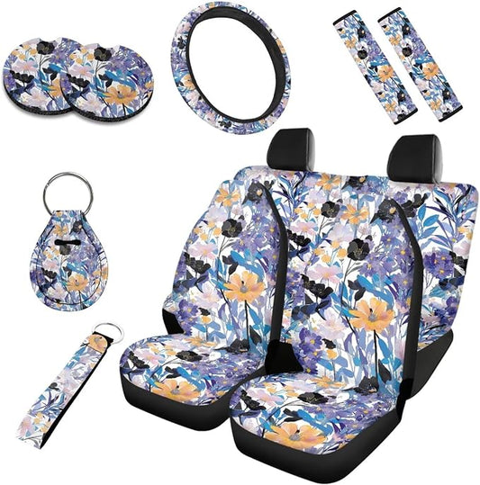 10 Pack Abstract Flower Car Seat Covers, Watercolor Flowers Field Front Seats Rear Bench Car Seat Protectors, Countryside Floral Universal Cars Interior Covers