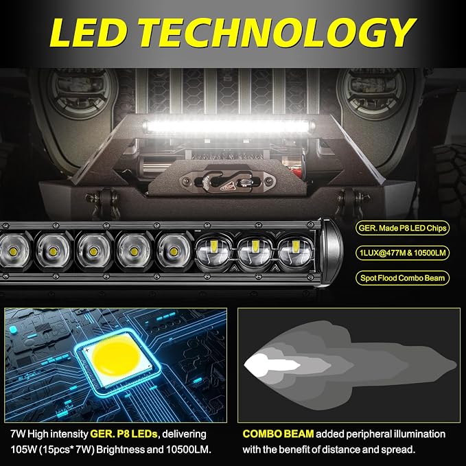 20 Inch Light Bar Kit, AKD Part 105W OSRAM LED Slim Single Row LED Light Bar w/Wiring Harness Black Cover Offroad Driving Light Bumper Grille Lights for Trucks Pickup SUV UTV ATV Toyota GMC