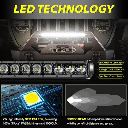 20 Inch Light Bar Kit, AKD Part 105W OSRAM LED Slim Single Row LED Light Bar w/Wiring Harness Black Cover Offroad Driving Light Bumper Grille Lights for Trucks Pickup SUV UTV ATV Toyota GMC