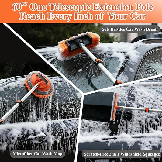 21Pcs Car Wash Kit with 60" Heavy-Duty Extension Pole, Soft Car Wash Brush, Wheel & Tire Brush, Scratch-Free Car Mop Mitt & Window Squeegee, Detailing Tool for Car Exterior & Interior Cleaning