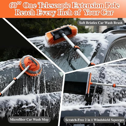 10Pcs 60" Car Wash Kit with Long Handle, Soft Extendable Car Wash Brush & Mop, Wheel & Tire Brush, 2-in-1 Window Squeegee, Microfiber Towel & Wash Mitt for Cars, SUVs, Trucks Exterior Cleaning