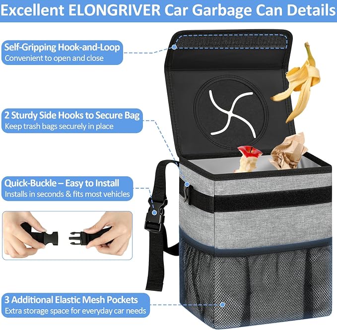 ELONGRIVER Car Trash Can Bin for Back Seat Leak Proof, Cute Car Trash Bag Hanging, Vehicle Trash Can for SUV Truck Van, Automotive Garbage Cans Front Seat Grey