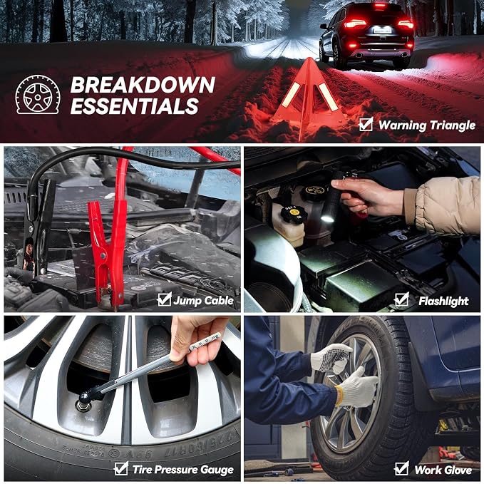 VCANENERGY Car Emergency Kit with Jumper Cable, First Aid Kit, Winter Travel Assistance with Detachable Snow Shovel, Safety Emergency Kit for Cars, Trucks