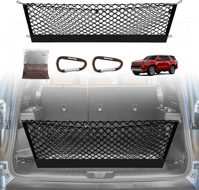 Muslogy Truck Bed Cargo Net Trunk Netting Compatible with 2025 2026 Toyota 4Runner Accessories, Pickup Cargo Organizer SUV Sedan Storage Net w/Heavy Duty Carabiners
