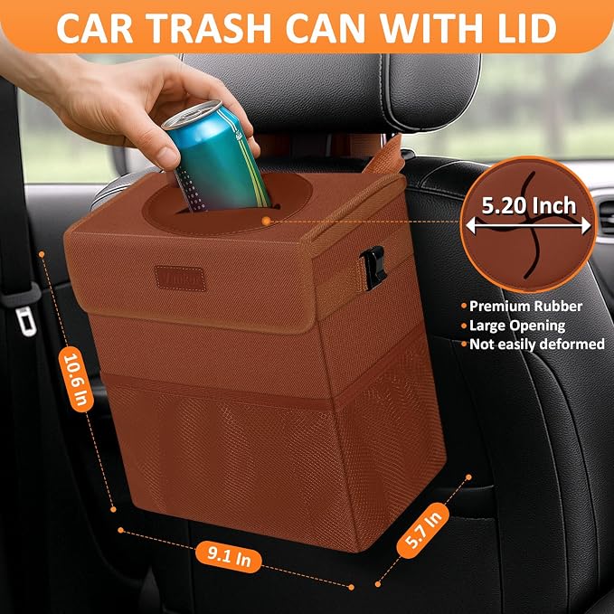 Vankor Car Trash Can, Brown, 2.2 Gallons Capacity, Waterproof, Polyester Material, Adjustable Strap, Hanging Design, Leakproof Lining, 100% PEVA Thickness