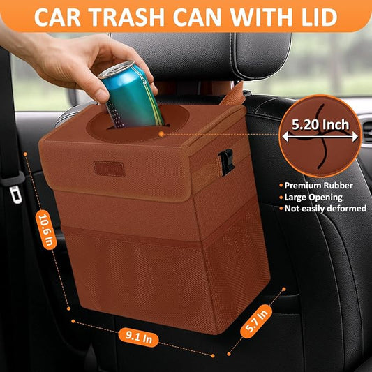 Vankor Car Trash Can, Brown, 2.2 Gallons Capacity, Waterproof, Polyester Material, Adjustable Strap, Hanging Design, Leakproof Lining, 100% PEVA Thickness