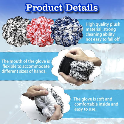Microfiber Car Wash Mitt - 3 Pack Scratch Free Mitts with Blue, Red and Black, Machine Washable, Lint Free, 10 Inch X 8 Inch Glove