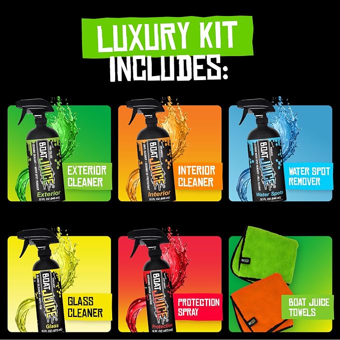 Boat Juice Luxury Boat Cleaning Kit | Interior Vinyl Seat Cleaner, Exterior Cleaner & Protectant, Hard Water Spot Remover, Ceramic Coating, Glass Cleaner, 2 Microfiber Towels | Marine Kit, Made in USA