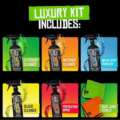 Boat Juice Luxury Boat Cleaning Kit | Interior Vinyl Seat Cleaner, Exterior Cleaner & Protectant, Hard Water Spot Remover, Ceramic Coating, Glass Cleaner, 2 Microfiber Towels | Marine Kit, Made in USA