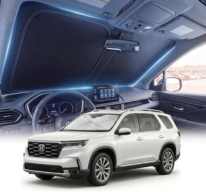 DMJN Front Windshield Sun Shade for Honda Pilot (2016-2026), [Nano Ice-Crystal Coatings] UPF50+ Heat & UV Block, Protect Car Interior & Keep Cool, Flodable Steel-Ring Car Cover for Summer