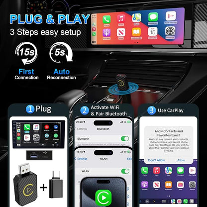Mini Wireless CarPlay & Android Auto Adapter - Stable Fast Connection for iPhone/Android - Convert Factory Wired to Wireless for Cars 2016+