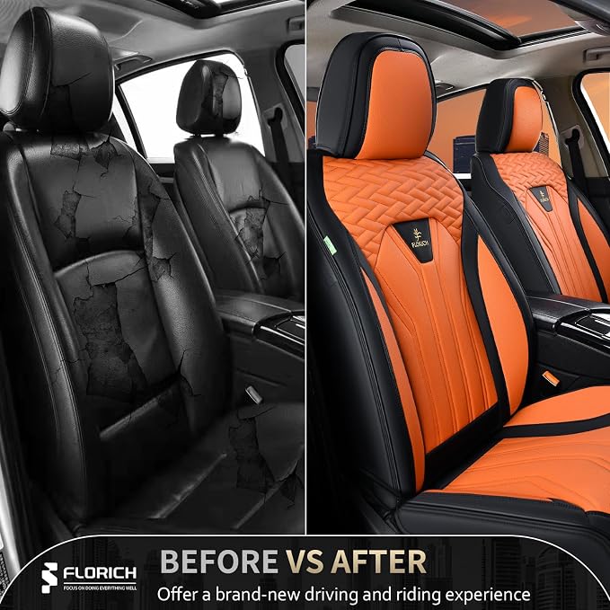 FLORICH Seat Covers for Cars, Waterproof Automotive Seat Covers, Leather Car Seat Covers 2 Pack, Universal Front Seat Cushion Protector for Most Cars Trucks SUV-Black&Orange