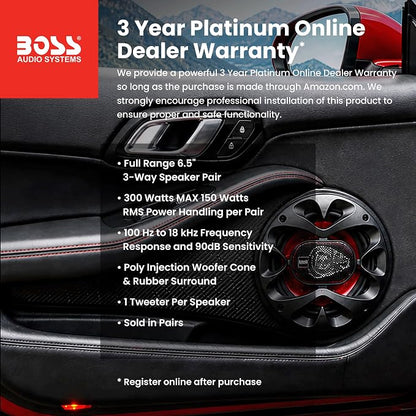 BOSS Audio Systems CH6530 Chaos Series 6.5 Inch Car Door Speakers - 300 Watts (Pair), 3 Way, Full Range, Tweeters, Coaxial, Sold in Pairs