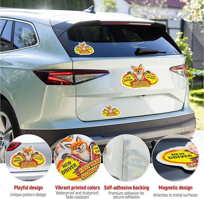 3 Pcs Reflective Student Driver Magnet and Stickers Set - Funny Animal New Driver Safety Signs for Car, Waterproof & Weatherproof High Visibility Vehicle Bumper Decals, Magnet + Stickers (Fox)