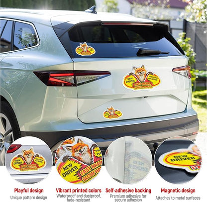 3 Pcs Reflective Student Driver Magnet and Stickers Set - Funny Animal New Driver Safety Signs for Car, Waterproof & Weatherproof High Visibility Vehicle Bumper Decals, Magnet + Stickers (Fox)