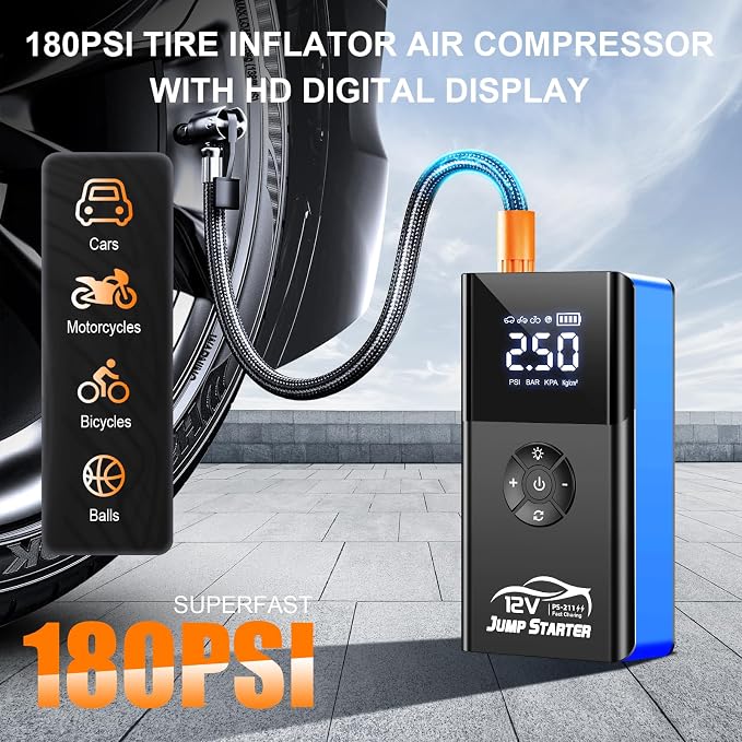 Jump Starter with Air Compressor, 8000A 180PSI, Portable Car Battery Jump Starter (All Gas/12L Diesel) 12V Automobile Jump Box Pack Chargers with Jumper Cables, 4-Mode LED Lights
