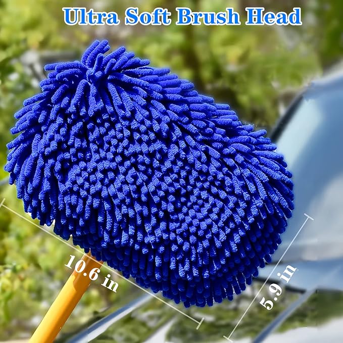 Mveqrrn Upgrade Car Wash Brush with Long Handle,Chenille Microfiber Car Cleaning Brush Supplies Kit Car Wash Mop Accessories Car Washing Brush with Scratch-Free Replacement Head(Blue