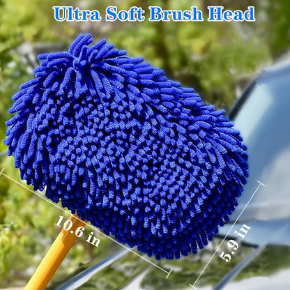 Mveqrrn Upgrade Car Wash Brush with Long Handle,Chenille Microfiber Car Cleaning Brush Supplies Kit Car Wash Mop Accessories Car Washing Brush with Scratch-Free Replacement Head(Blue