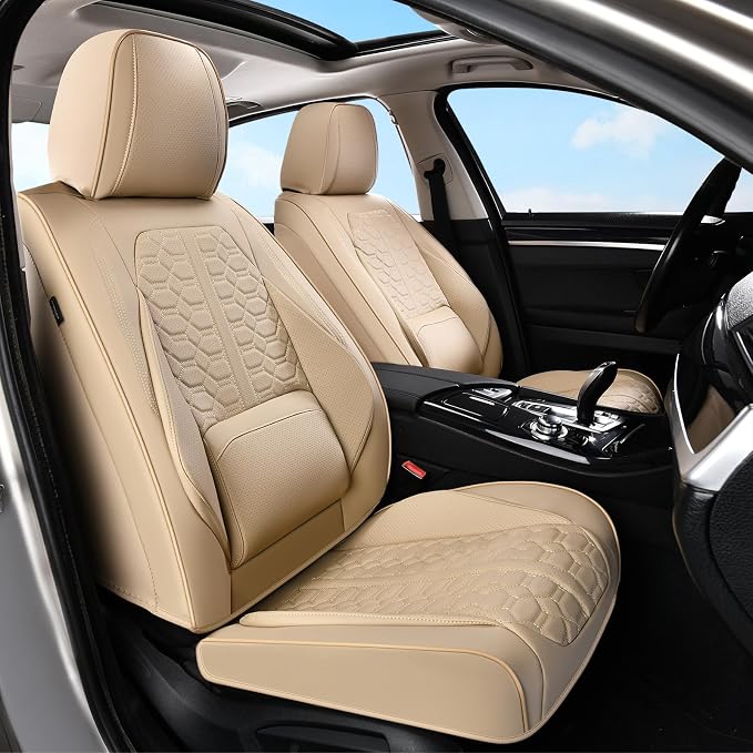 Huidasource Front Leather Seat Covers, Car Seat Covers Front Seats Universal Fit for Most Cars SUV Trucks, 360° Full Wrap Luxury Automotive Seat Covers, Seat Cushion Covers Protector, Beige