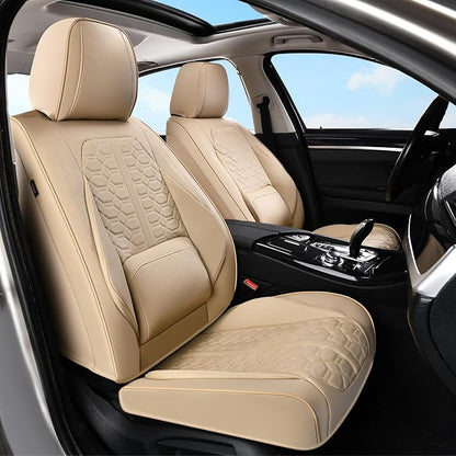 Huidasource Car Seat Covers, Beige Seat Covers Nappa Leather, Waterproof Automotive Seat Covers, Universal Seat Covers Full Set with Lumbar Support Fit for Most Cars SUV Trucks