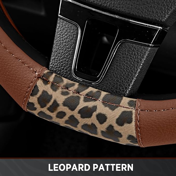 Road Comforts Steering Wheel Cover - Flat Bottom Wheel Cover Made with PVC Leather and Leopard Fabric - Universal Fit for 15-Inch D-Shaped Automotive Steering Wheels (Brown Color)