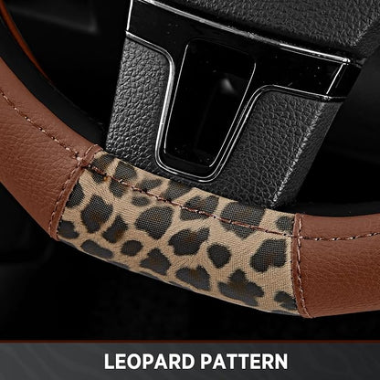 Road Comforts Steering Wheel Cover - Flat Bottom Wheel Cover Made with PVC Leather and Leopard Fabric - Universal Fit for 15-Inch D-Shaped Automotive Steering Wheels (Brown Color)