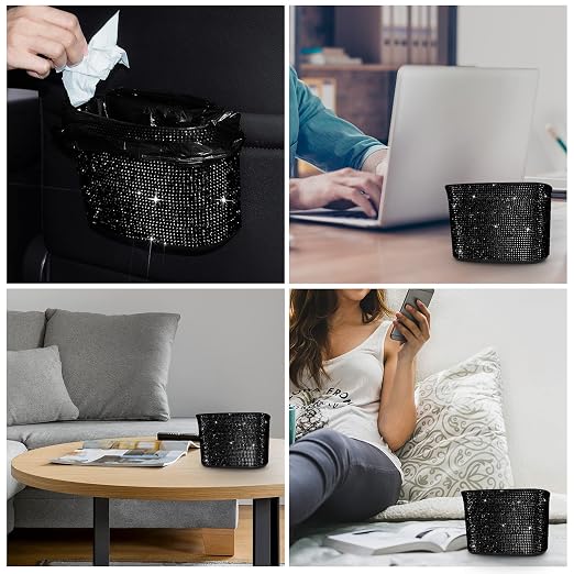 Cavalcade Car Trash Can, Hanging Trash Bin, Leakproof Garbage Organizer, Bling Vehicle Waste Basket, Mini Dustbin Container with Clip for Car, Office, Kitchen, Bedroom, Home and More, Black, Small