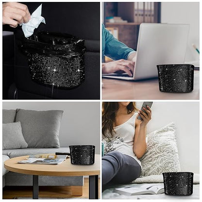 Cavalcade Car Trash Can, Hanging Trash Bin, Leakproof Garbage Organizer, Bling Vehicle Waste Basket, Mini Dustbin Container with Clip for Car, Office, Kitchen, Bedroom, Home and More, Black, Small