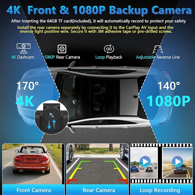 Portable Wireless Carplay Screen with Dashcam - Lehwey 10.26 Inch Car Play Tablet with 4K Front Dash Cam & 1080P Rearview Backup Camera, Bluetooth 5.0, FM, Voice Assistant, with 64GB TF Card