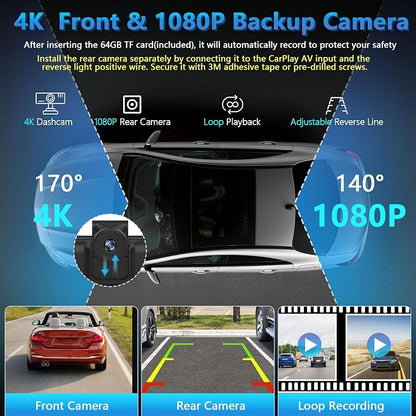 Portable Wireless Carplay Screen with Dashcam - Lehwey 10.26 Inch Car Play Tablet with 4K Front Dash Cam & 1080P Rearview Backup Camera, Bluetooth 5.0, FM, Voice Assistant, with 64GB TF Card