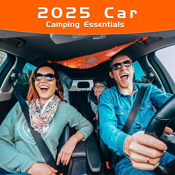 3 Handles Car Ceiling Cargo Net for Inside Car Roof,Interior Mesh Storage,Truck SUV Travel Long Road Trip Camping Interior Accessories 35.4"x25.6",Orange
