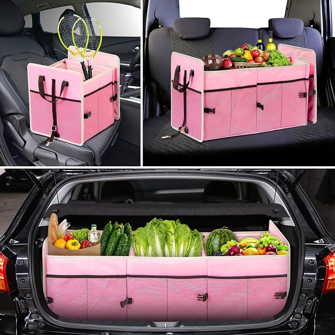 Car Trunk Organizer with Individual Cooler Bag - 3 Compartments Trunk Organizer for Car Collapsible Car Storage Organizer for SUV (Pink)