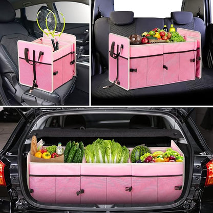 Car Trunk Organizer with Individual Cooler Bag - 3 Compartments Trunk Organizer for Car Collapsible Car Storage Organizer for SUV (Pink)
