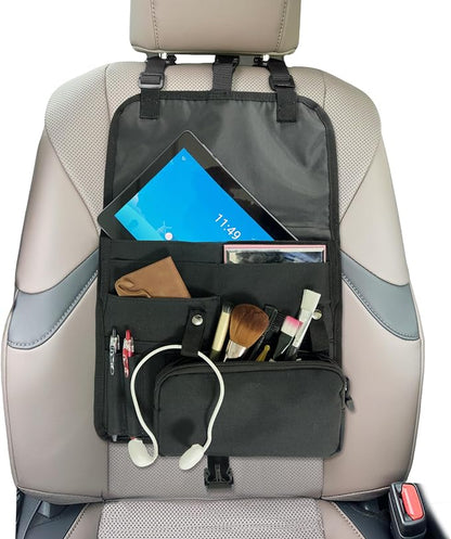 Black Car Seat Organizer, Multi-Pocket Storage, Headrest Hooks Mount, Vehicle Backseat Organizer,with a detachable small storage bag.