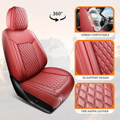 Front Burgundy Car Seat Cover Set of 1,Universal Precision Fit Contoured Thick Texture Nappa Leather Automotive Waterproof Seat Cover for Most Sedans, SUVs and Trucks,Style1 Wine Red