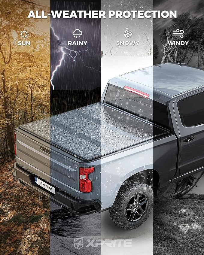 Xprite Hard Folding Truck Bed Tonneau Cover Compatiable with 2007-2026 Chevy Silverado & GMC Sierra 1500 5.8 FT Short Box((Excl. 07 Classic), Tri Fold Style
