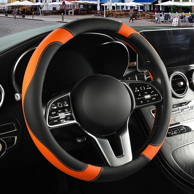 Microfiber Leather Steering Wheel Cover, Breathable, Anti Slip, 13.5 inch to 14 inch, Black with Orange