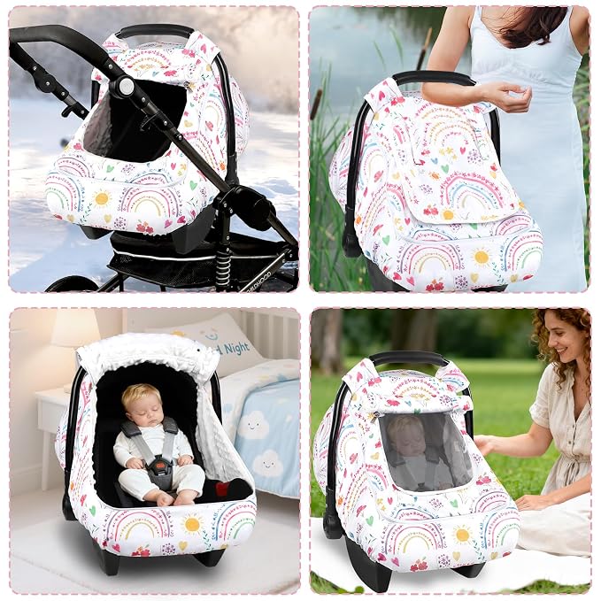 Winter Car Seat Cover Baby with Sunshade & Dual Zipper Windows - Minky Bubble Lined Windproof Soft Shell, Warm Newborn Car Seat Canopy Covers, Elastic Bottom for Stroller & Infant Car Seat, Rainbow