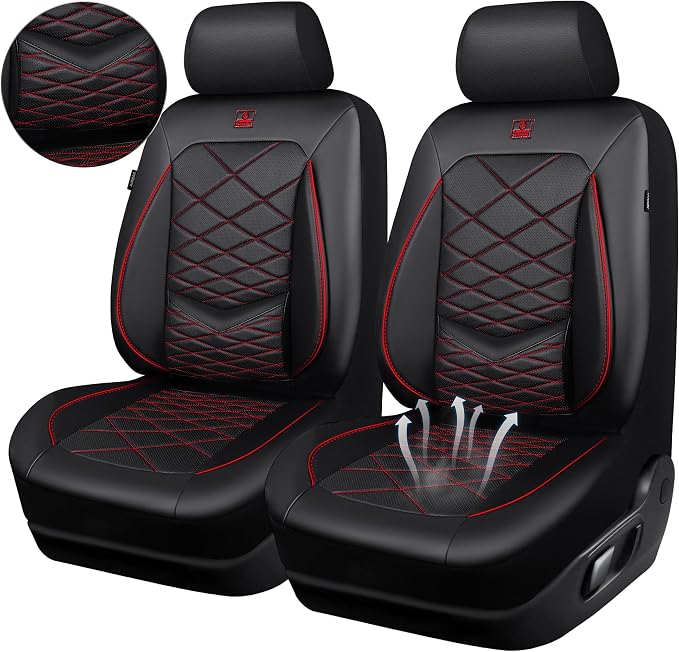 CAR PASS Luxury Nappa Leather Front Seat Covers, Water Resistant 3D Foam Seat Covers with Lumbar Support, Breathable Auto Seat Cover Airbag Compatible Universal Fit for Sedan SUV Van Truck, Black Red