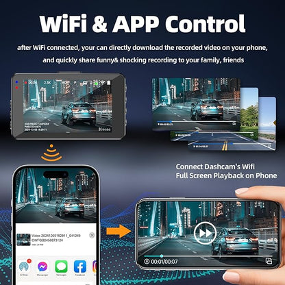 Dash Cam Front and Rear Dash Camera WiFi/APP Control Car Camera with 64G Card 2.5K Front Dash Cam+1080P Rear Dashcams with Super Night Vision, Loop Recording, G-Sensor