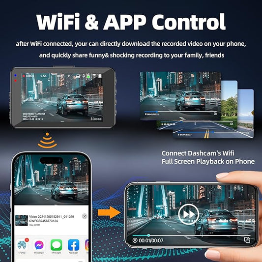 Dash Cam Front and Rear Dash Camera WiFi/APP Control Car Camera with 64G Card 2.5K Front Dash Cam+1080P Rear Dashcams with Super Night Vision, Loop Recording, G-Sensor