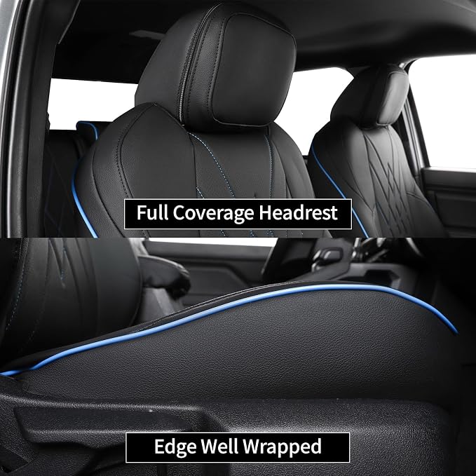 EKR Tacoma Car Seat Covers Custom Fit for Toyota Tacoma (Petrol) 2024 2025 2026 DoubleCab/CrewCab SR/SR5/TRD Sport/TRD Off-Road/Limited -Truck Seat Covers Full Set,Faux Leather (Black with Blue Trim)