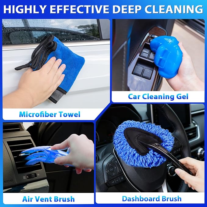 THINKWORK Car Cleaning Kit Car Detailing Kit,Car Cleaning Kit Interior Cleaner with High Power Blue Handheld Vacuum Cleaner,Brush Sets,Windshield Cleaner and Storage Bag,Car Accessories,Car Gift Set