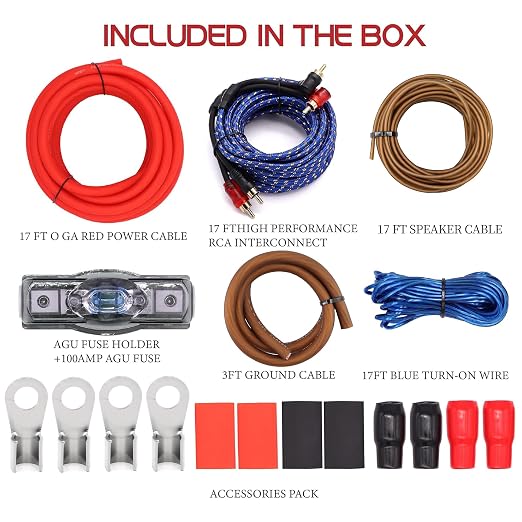 0 Gauge Amplifier Wiring Kit,3000W Car Audio Installation Kit with 17FT CCA Power Cable,RCA Cable,Speaker Wire,100A Fuse Holder – Complete Subwoofer Amp Wiring kit