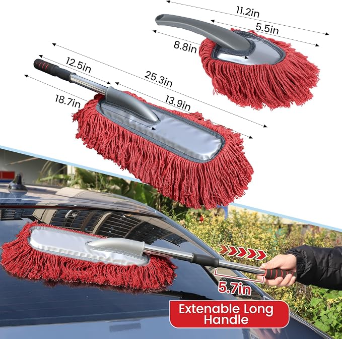 IPELY 2 Pack Large Car Duster Exterior Scratch Free with Extendable Handle and Car Duster Interior, Wax Cotton Hair Dusters (Red)