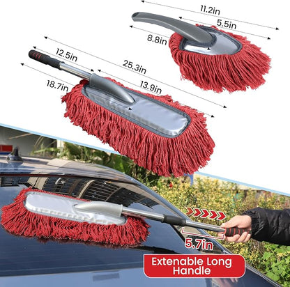 IPELY 2 Pack Large Car Duster Exterior Scratch Free with Extendable Handle and Car Duster Interior, Wax Cotton Hair Dusters (Red)
